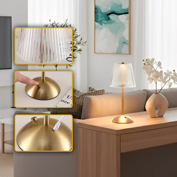 luminaria-de-mesa-dourada-para-sala-quarto-com-destaque-para-acabamento-em-acrilico-acionamento-por-toque-e-carregamento-via-usb