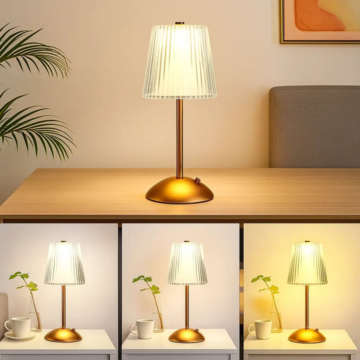 tons-de-luz-da-luminaria-de-mesa-prism-dourada-para-quarto-sala-cabeceira-monstrando-luz-fria-neutra-e-quente